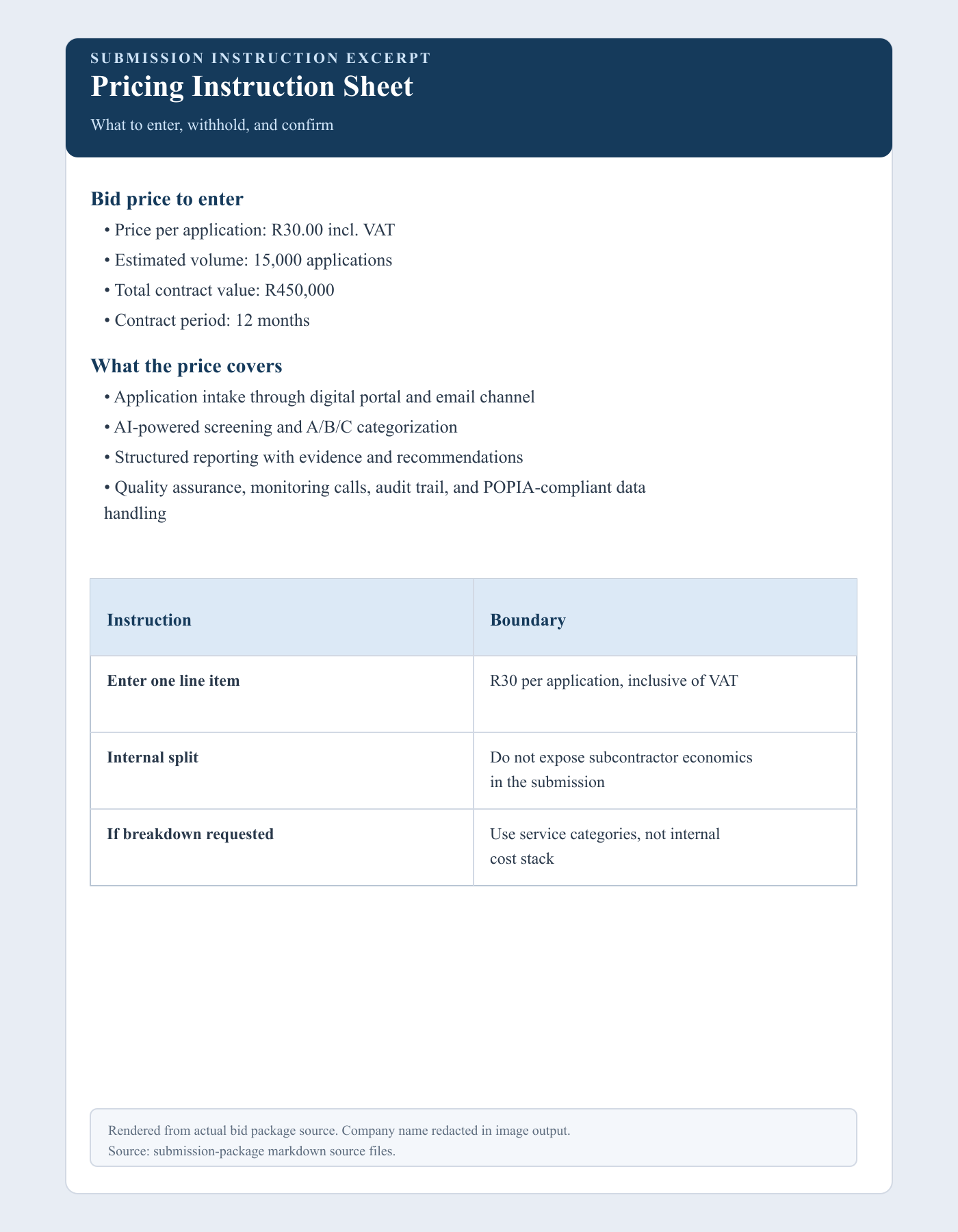 Rendered excerpt from the pricing instruction sheet showing bid price, scope, and boundaries.