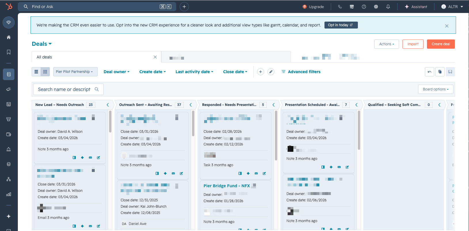 Redacted HubSpot deals board showing pipeline stages, deal cards, owners, dates, and follow-up state.