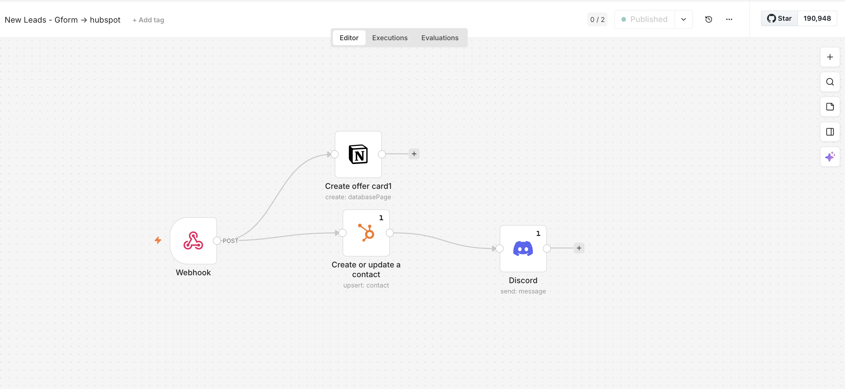 n8n workflow that routes new form leads into Notion, HubSpot, and Discord.