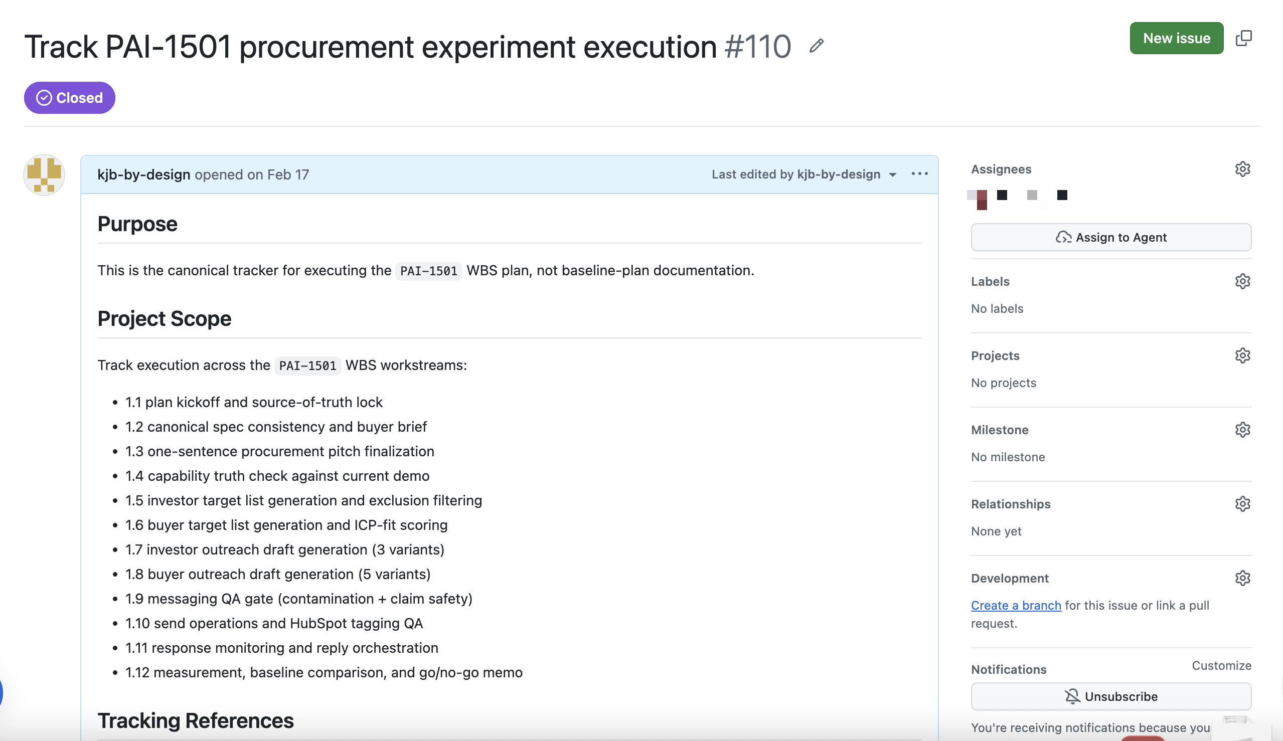 GitHub issue tracker showing the procurement validation work plan and review gates.