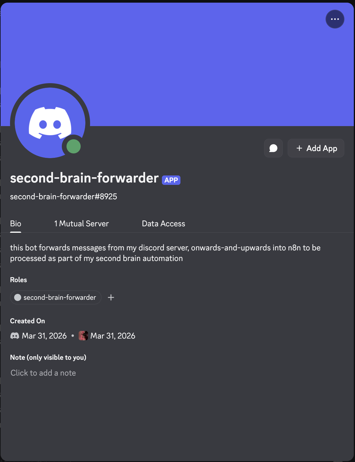 Discord profile for the second-brain-forwarder app used to forward captures into the automation.