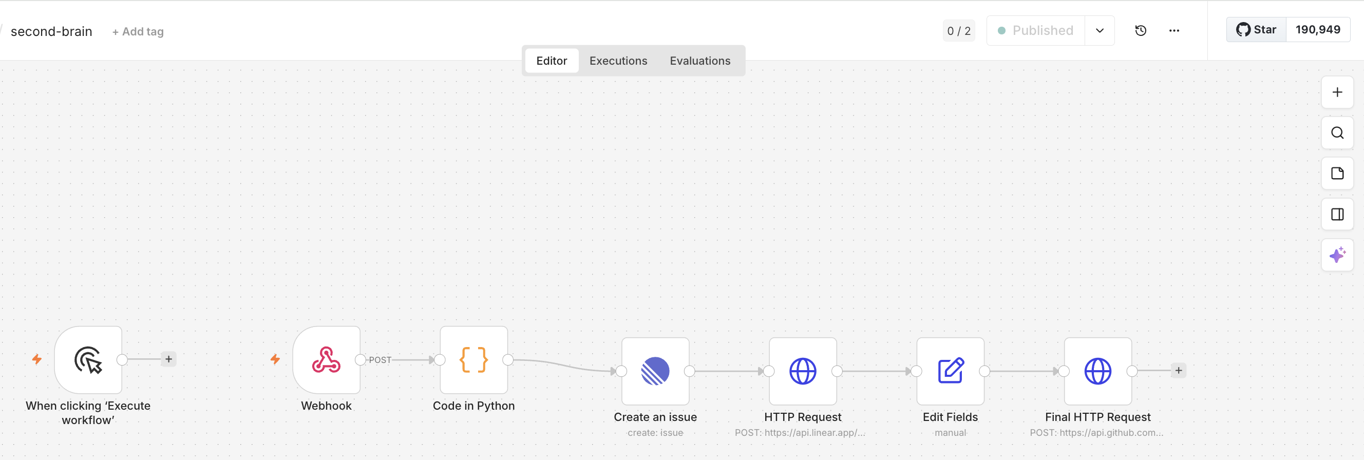 n8n workflow that receives second brain captures, creates Linear issues, and posts a final GitHub receipt request.