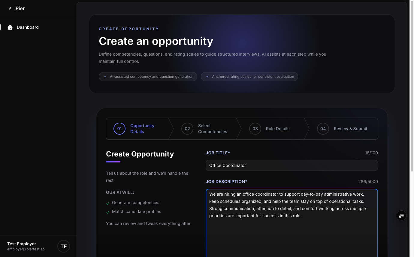 SmartApply employer screen for creating an opportunity in the live product experiment.