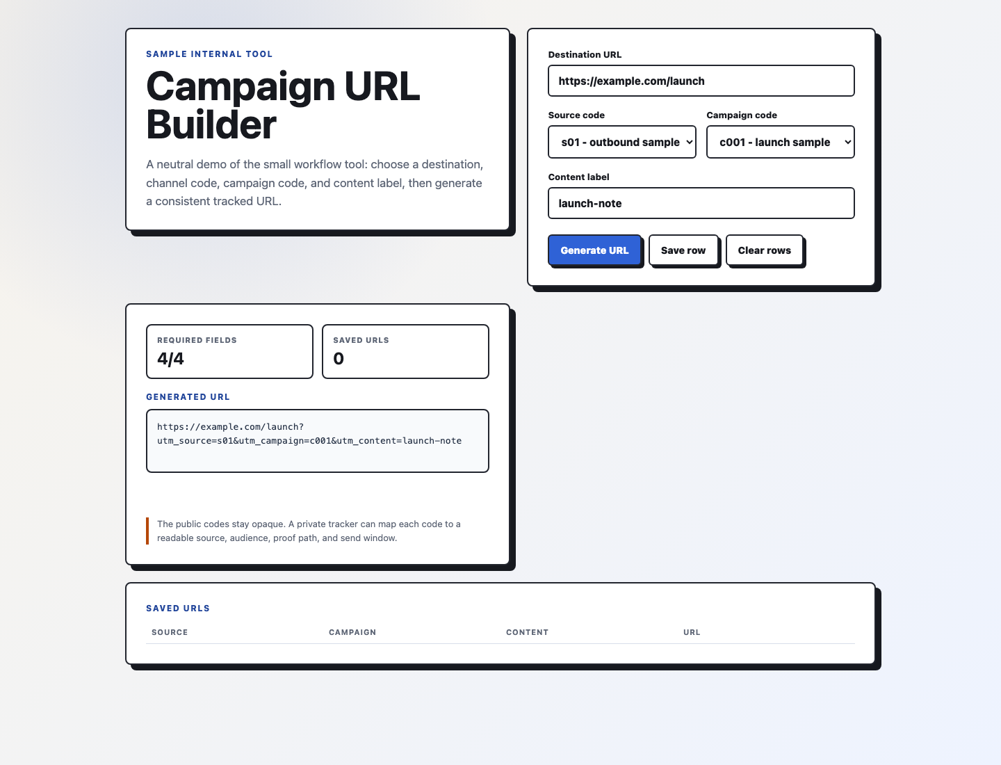 Neutral campaign URL builder showing destination URL, source code, campaign code, content label, and an initial generated URL.