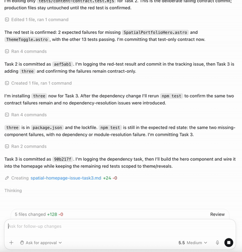 Sped-up recording preview of an AI agent reading a plan, executing tasks, updating a tracker, verifying against requirements, and opening a pull request.